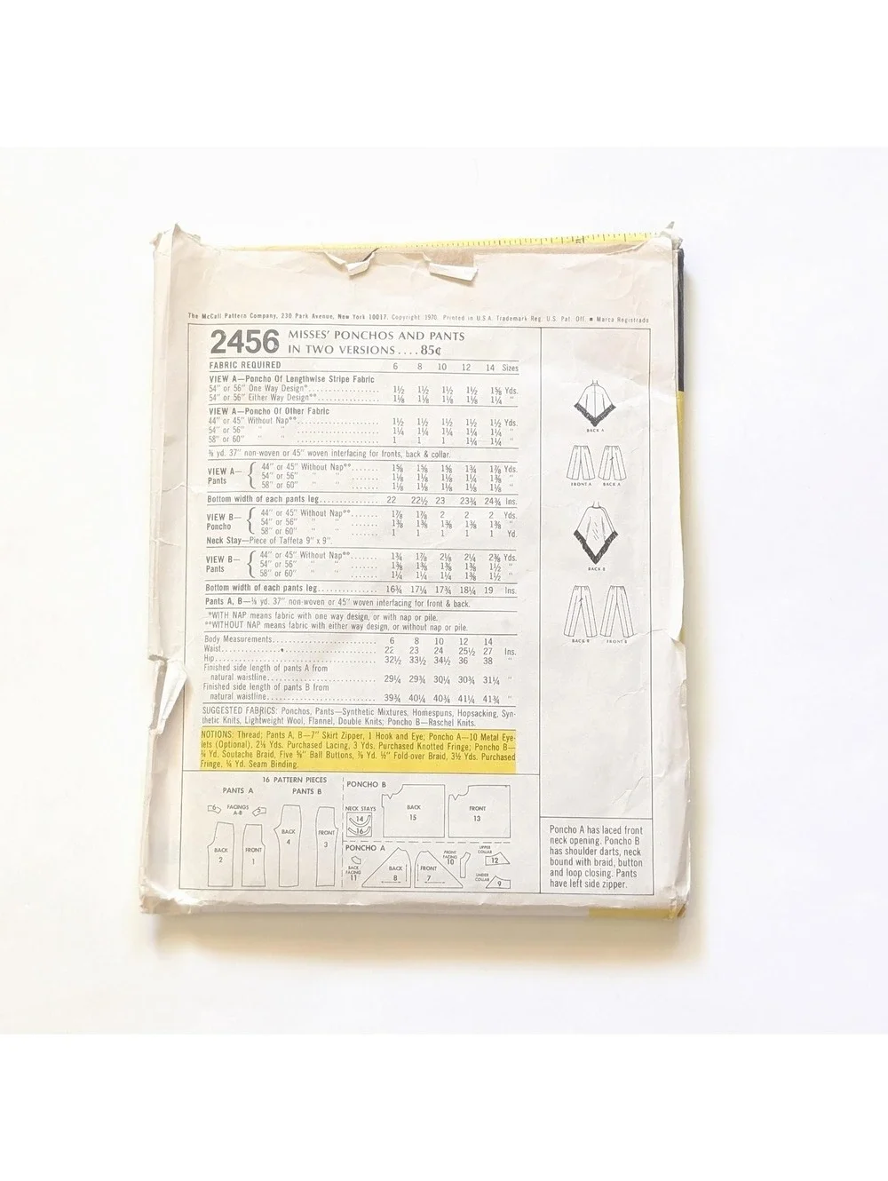 1970 Vintage McCall's 2456 Sewing Pattern for Ponchos & Pants